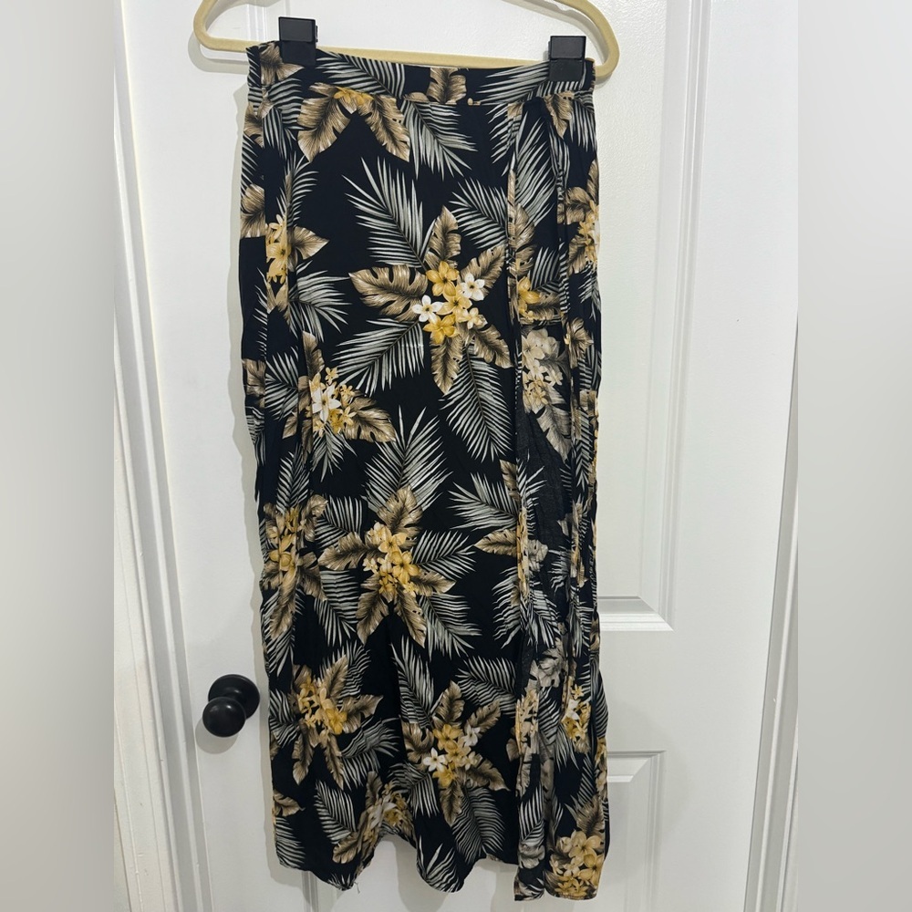 Tropical Floral Midi Skirt Size L Black Yellow Palm Print Built-In Shorts - Picture 2 of 5
